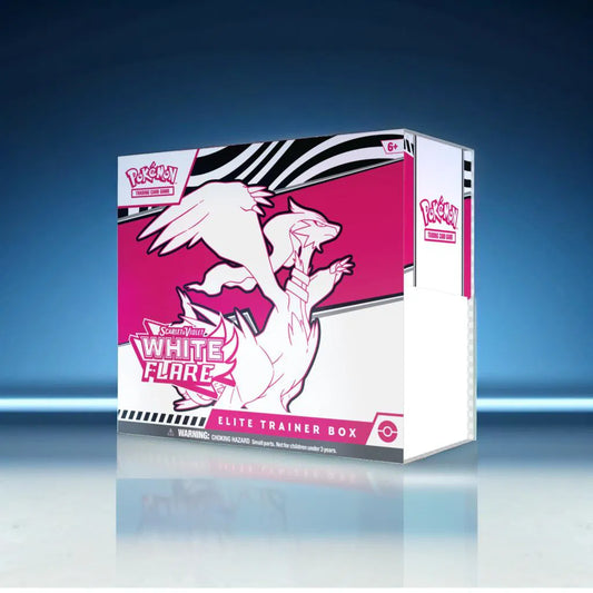 Pokémon TCG Scarlet & Violet White Flare Elite Trainer Box on a sleek blue studio background